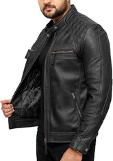 Men’s Quilted Shoulder Lambskin Black Biker Leather Jacket
